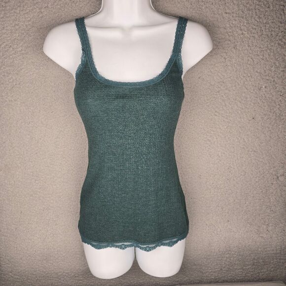 Delias Green Lace Trim Ribbed Camisole Cami Tank Top Small Y2K Vintage - Picture 1 of 9